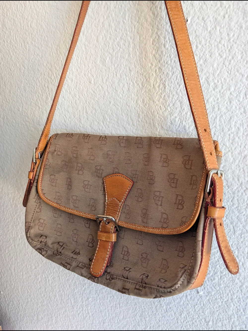 Vintage Dooney &‎ Bourke Monogram Pattern Shoulder Bag in Light Brown